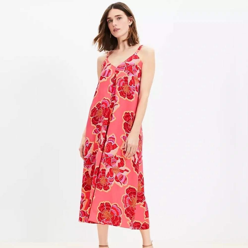 LOFT Floral Midi Dress Linen Blend Size 10 Pink Red V-Neck Strappy Swing Coastal